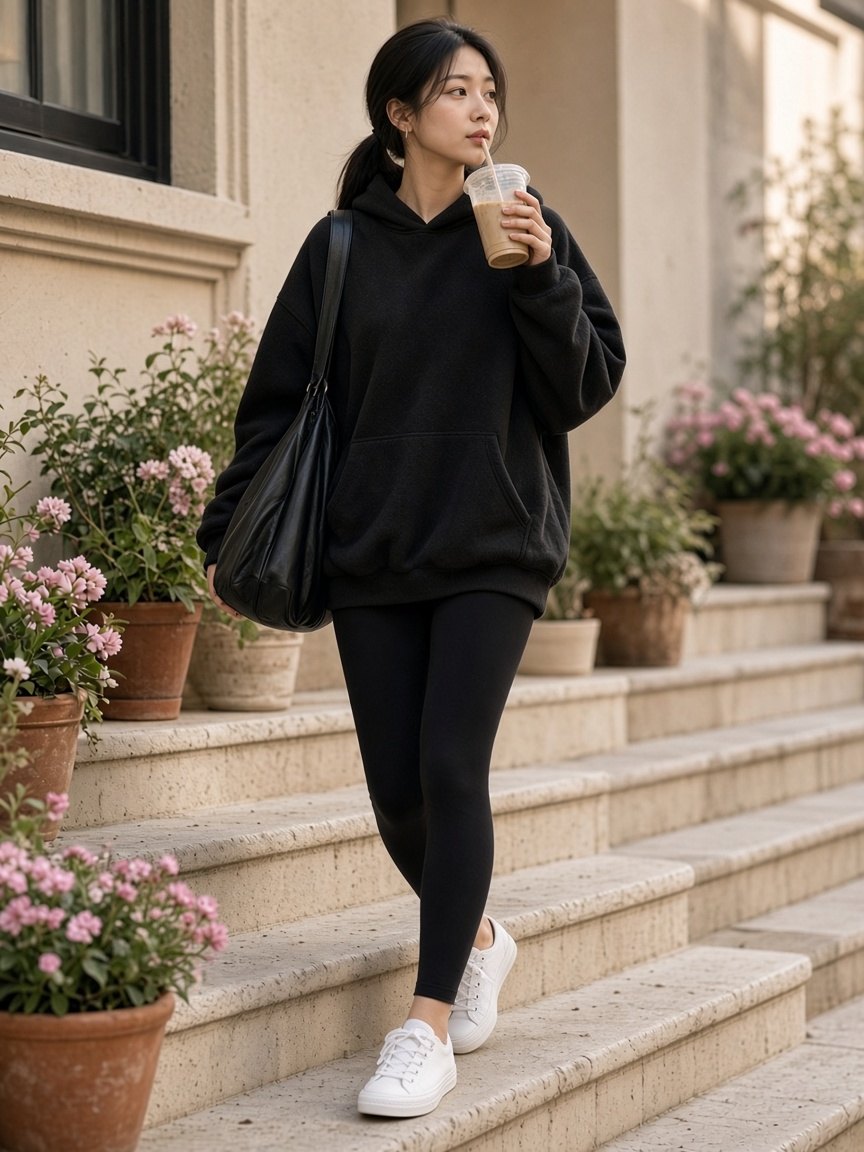 Woman with a dark ponytail walking down cream stone steps lined with pink flowers, sipping an iced coffee, in an oversized black hoodie with black leggings, white sneakers, and a black slouchy hobo shoulder bag