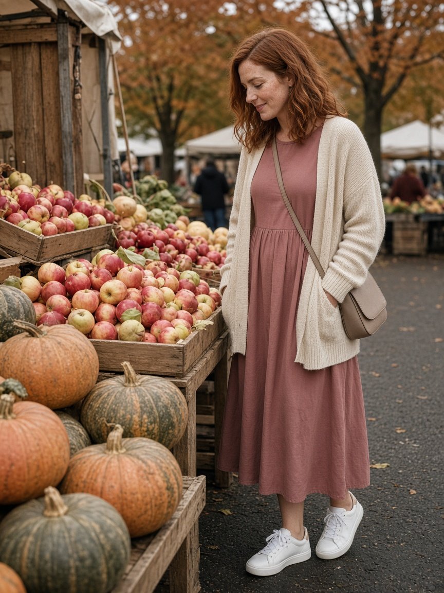 Auburn-haired woman with freckles at an autumn farmers market in a dusty rose long-sleeve midi dress, open cream cardigan, white sneakers, and taupe crossbody bag
