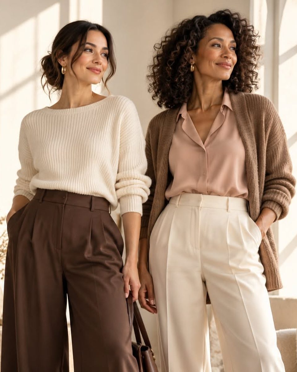 Two smiling women in neutral outfits in a sunlit cream room: one in a cream ribbed sweater and wide-leg brown trousers, the other in a camel cardigan, blush satin blouse and cream trousers