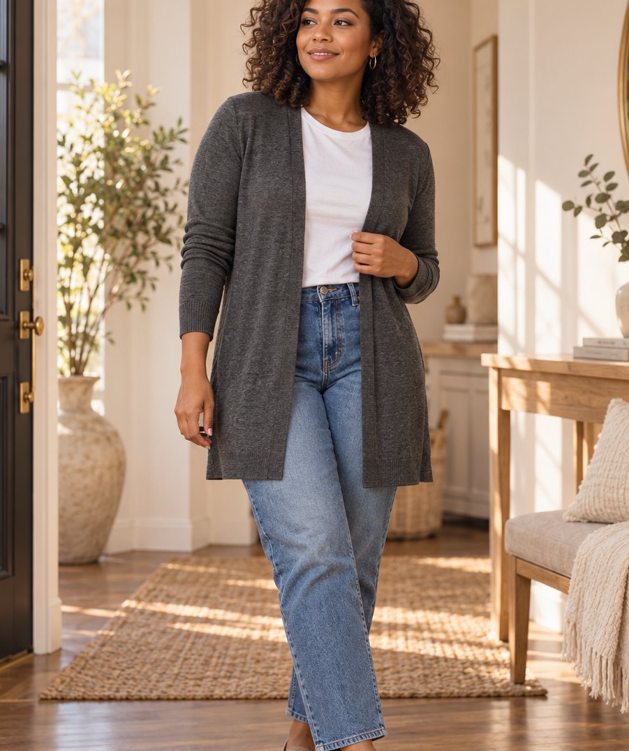 Black woman with curly hair in an open charcoal mid-thigh cardigan over a tucked white crew tee and medium-wash straight jeans, standing in a bright home entryway