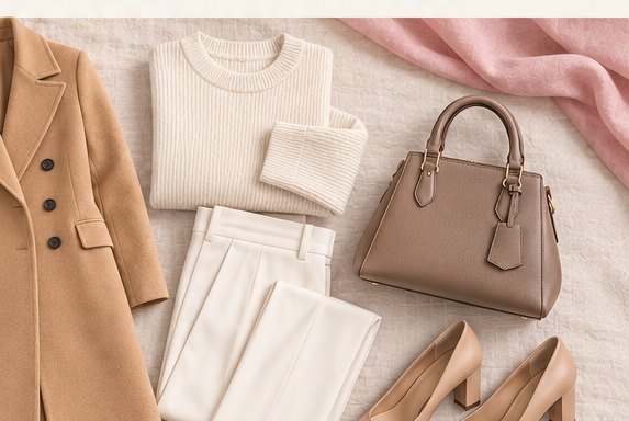 Flat lay of a camel coat beside a cream ribbed sweater, white trousers, taupe bag, and nude block-heel pumps