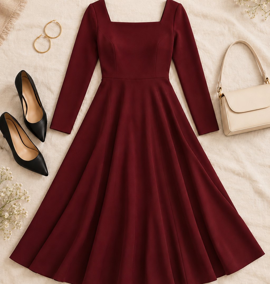 Burgundy long-sleeve square-neck A-line midi dress flat-laid with black pointed-toe stiletto pumps, a small cream flap bag, and gold hoop earrings