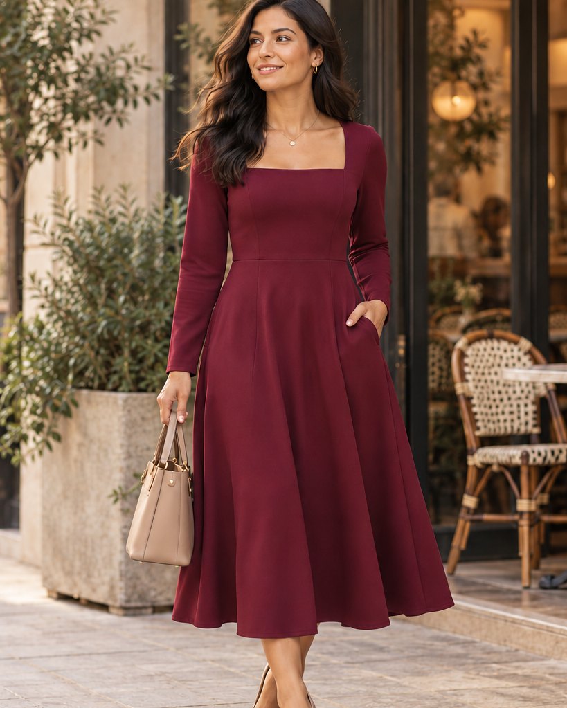 Woman in a burgundy long-sleeve square-neck A-line midi dress (about mid-calf) with side pockets, holding a taupe top-handle bag and wearing neutral pointed-toe pumps outside a cafe