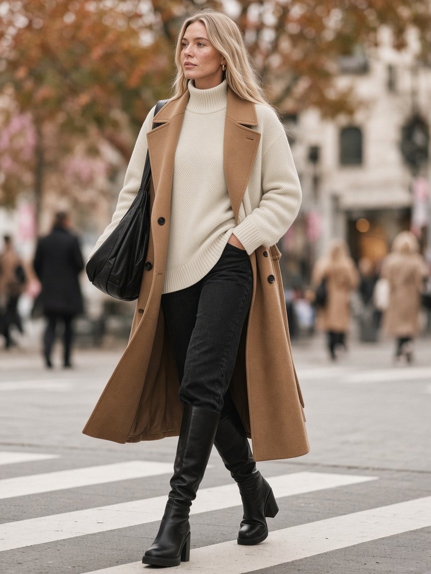 Woman with long ash-blonde hair crossing a city street in a classy winter outfit: open long camel double-breasted coat over a relaxed cream textured drop-shoulder mock-neck sweater, black straight jeans tucked into black chunky block-heel knee-high boots, and a black slouchy hobo shoulder bag