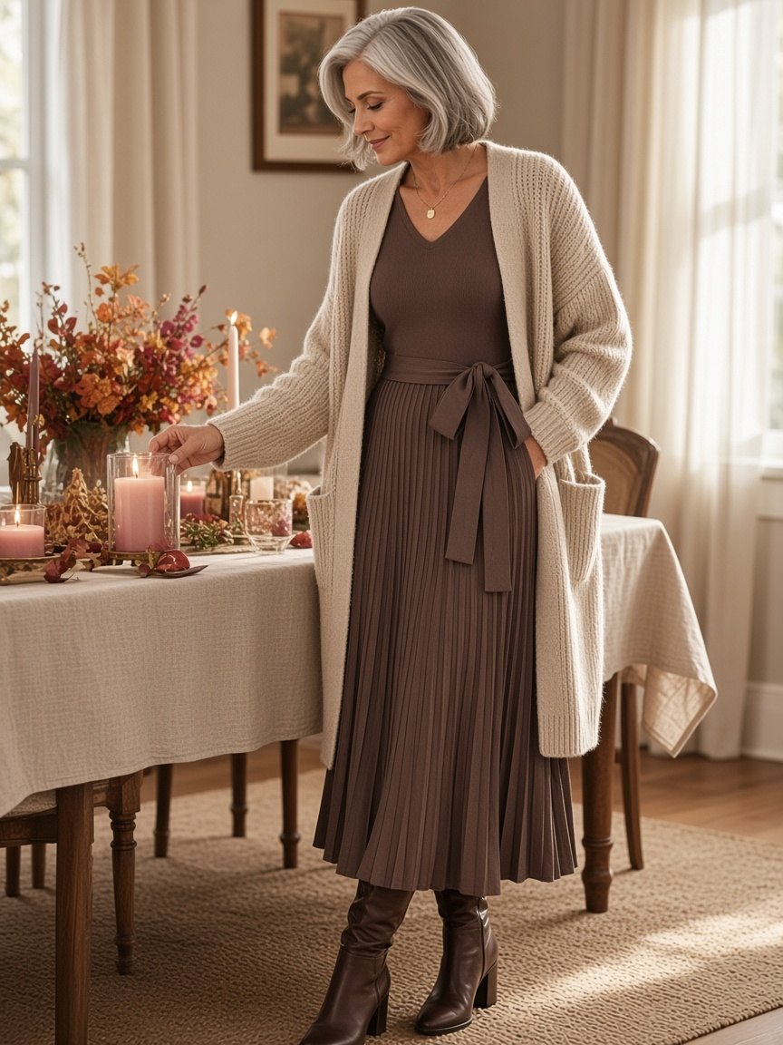 Woman with a silver bob lighting a candle at a set dining table, wearing a long oatmeal open-front knit cardigan with pockets over a mocha brown V-neck pleated A-line midi sweater dress tied with a matching belt, and dark brown knee-high boots