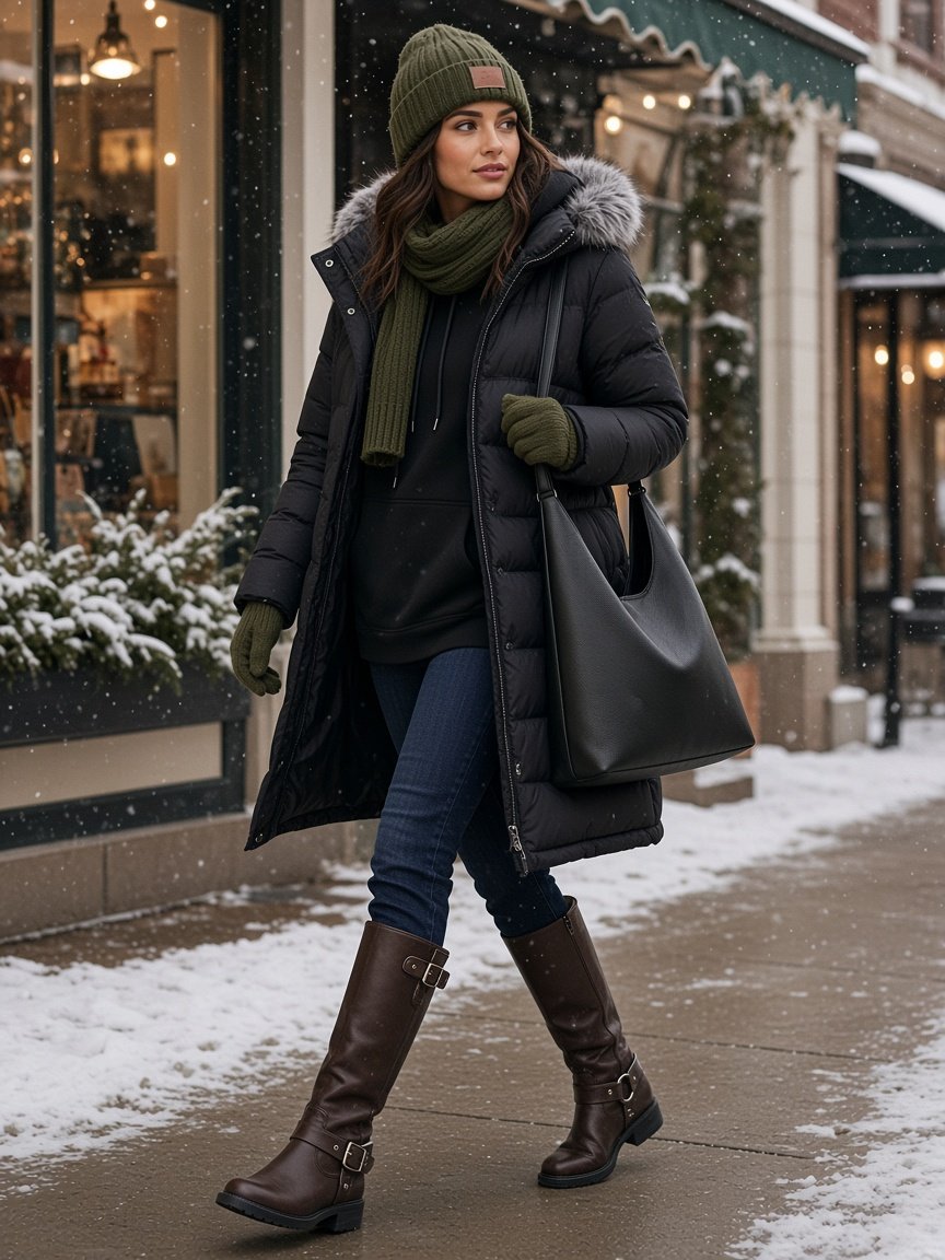 Woman on a snowy shopping street in an open black quilted puffer parka with a faux-fur hood over a black hoodie, dark-wash jeans tucked into dark brown buckled knee-high boots, an olive knit beanie, scarf and gloves, and a black slouchy shoulder tote
