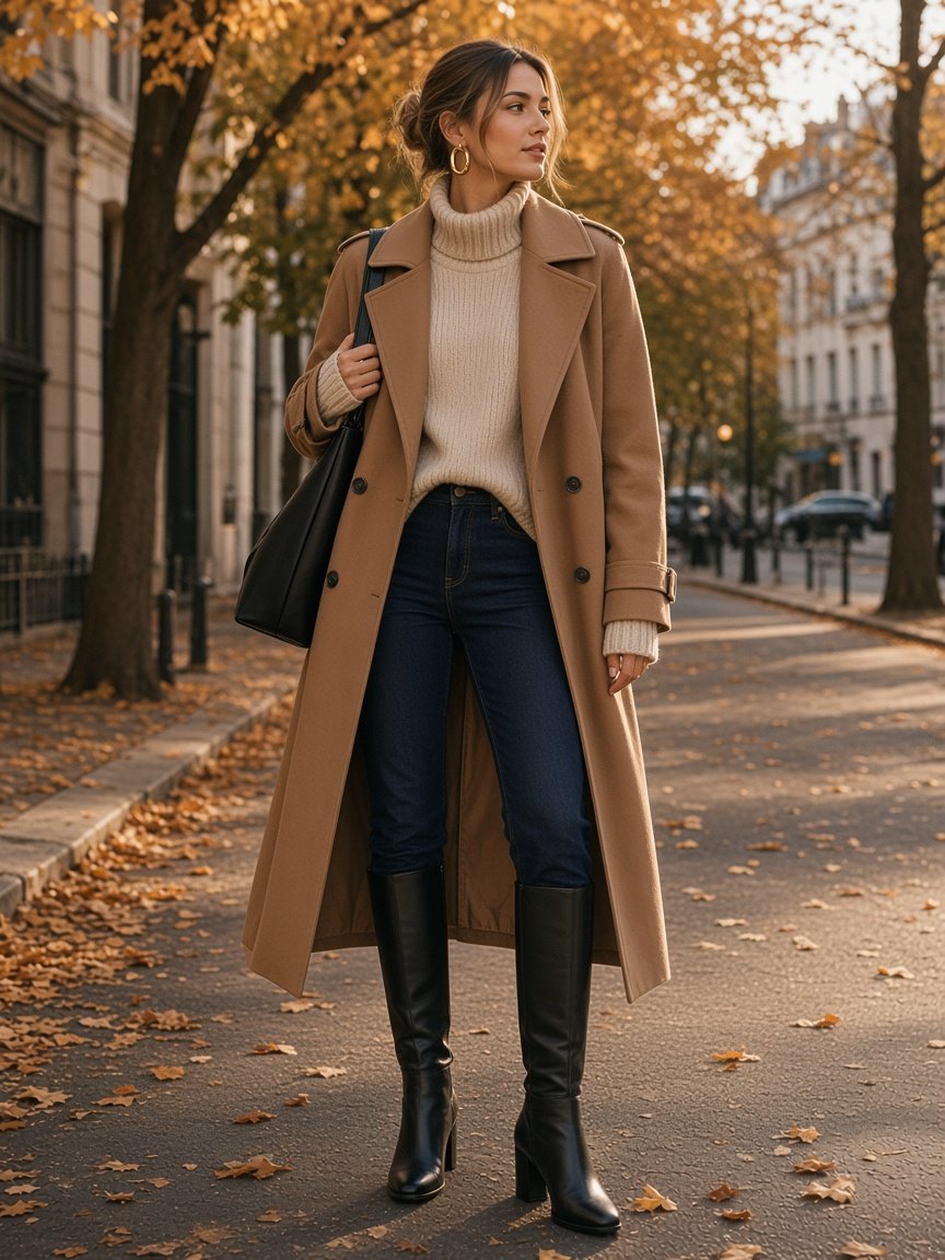 Woman on an autumn tree-lined street in an open camel double-breasted midi trench coat over an oversized oatmeal turtleneck, dark-wash jeans tucked into black chunky-heel knee-high boots, gold hoops, and a black slouchy shoulder tote