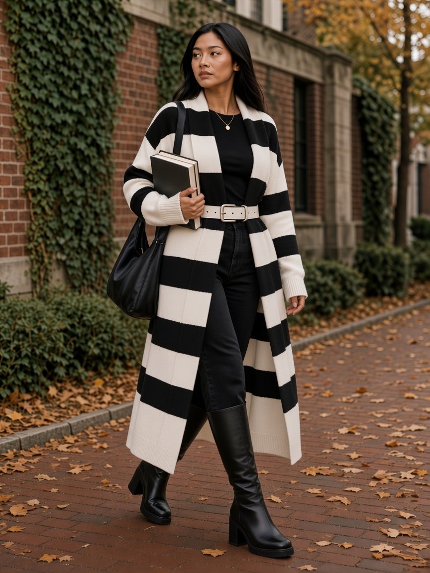 Woman with long straight dark hair carrying books along a leaf-covered brick campus path in a long black and white color-block cardigan cinched over the knit with a cream leather silver-buckle belt, black top, black straight jeans, black chunky block-heel knee-high boots, and a black slouchy shoulder bag