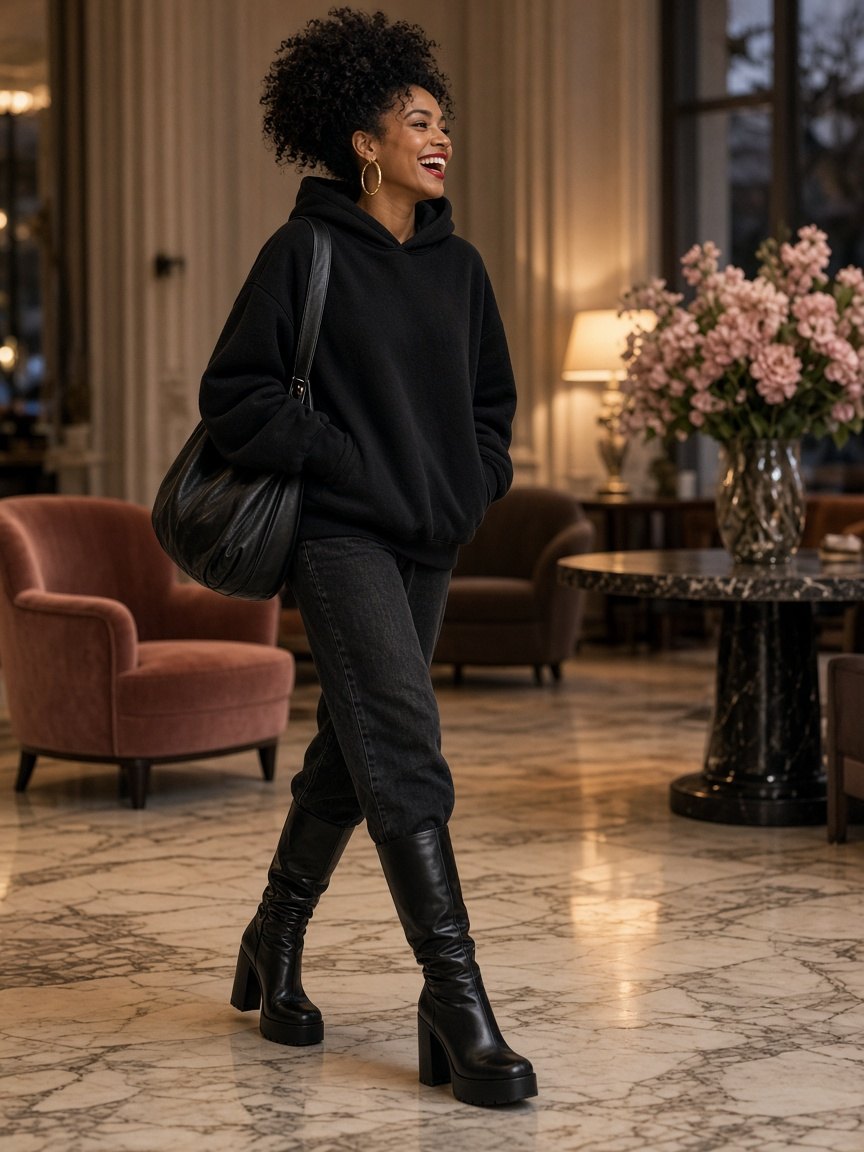Black hoodie outfit for evening in a warmly lit hotel lobby: woman with a curly high puff in an oversized black hoodie, washed black straight jeans, black chunky block-heel knee-high boots, black slouchy hobo shoulder bag, gold hoops, and red lipstick