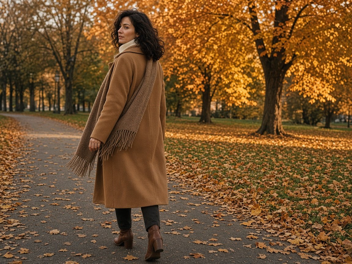Woman glancing back on an autumn park path in a camel coat, cream turtleneck, taupe fringed scarf, dark trousers, and brown ankle boots