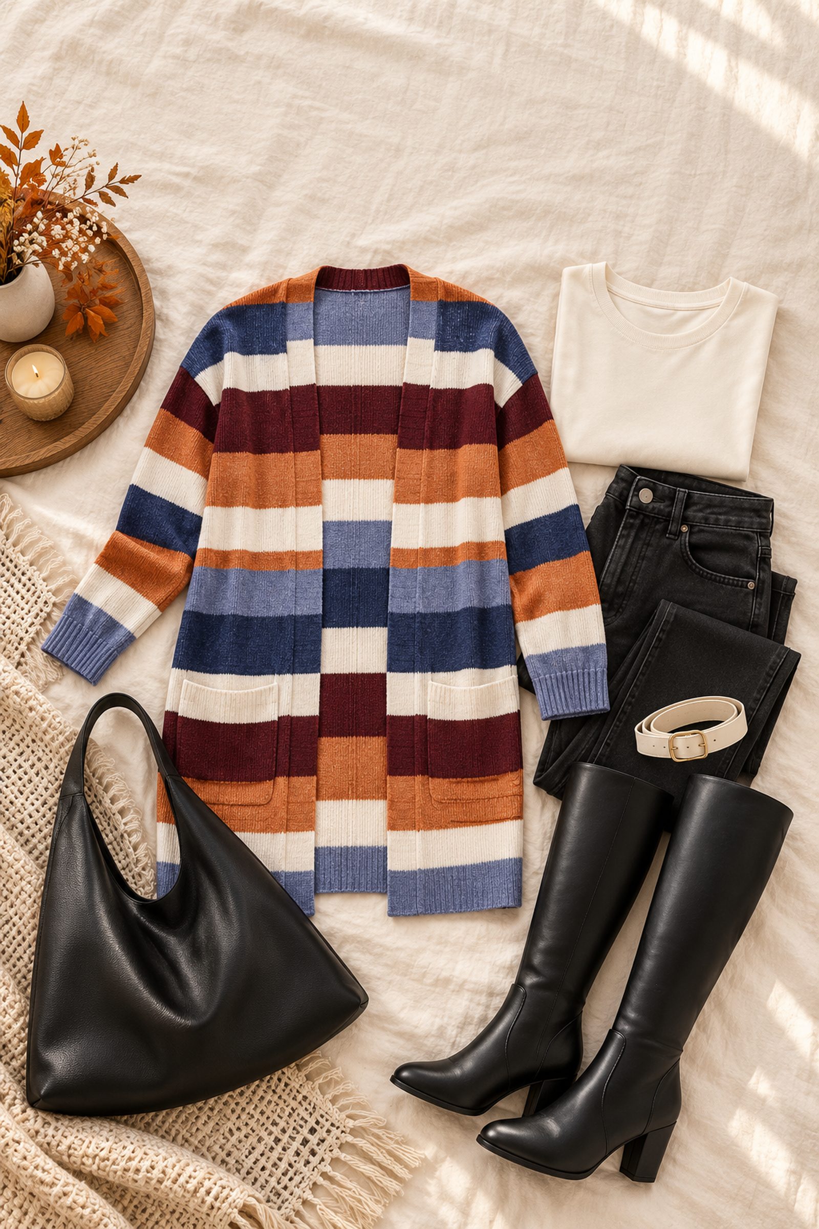 Flat lay on cream bedding of a long striped cardigan with pockets in orange, burgundy, cream, navy and periwinkle blue, an ivory crew top, a cream gold-buckle belt, black straight jeans, a black slouchy hobo bag and black knee-high block-heel boots, with a lit candle
