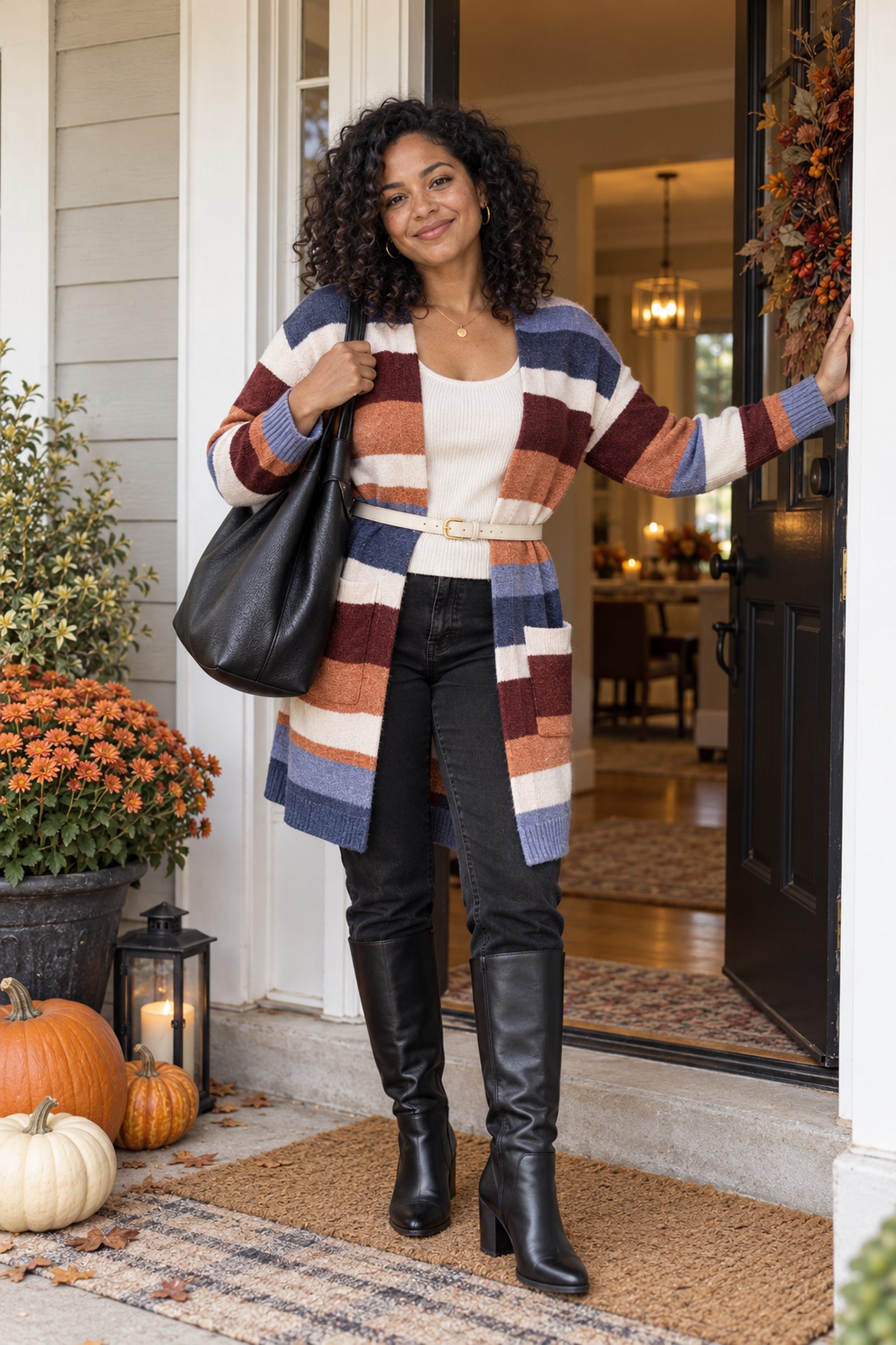 Woman with curly hair standing at a front door decorated with pumpkins and potted mums, wearing a long open cardigan in orange, burgundy, cream, navy and periwinkle stripes over an ivory crew top with a cream gold-buckle belt, black straight jeans, black knee-high block-heel boots and a black slouchy hobo bag