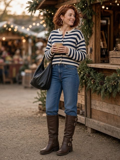 Smiling woman with a short red bob holding a hot drink at an outdoor holiday market in a striped cardigan outfit: navy and cream button-front cardigan over high-waisted blue straight jeans, dark brown buckle knee-high moto boots, and a black slouchy hobo shoulder bag