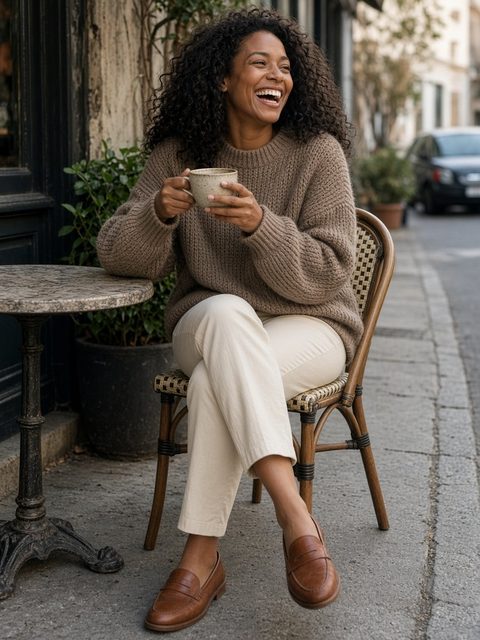 Laughing woman with deep brown skin and curly hair at a sidewalk cafe in an oversized taupe chunky knit sweater, slim cream trousers, and cognac loafers