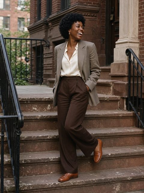Laughing woman on brownstone steps in a taupe blazer, cream blouse, chocolate brown trousers, and cognac loafers