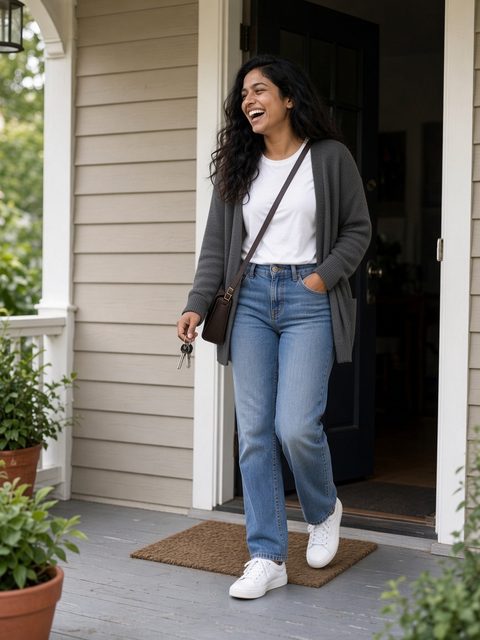 Laughing woman stepping out her front door in a white tee, open charcoal-heather cardigan, mid-wash straight jeans, and white sneakers with a slim crossbody bag