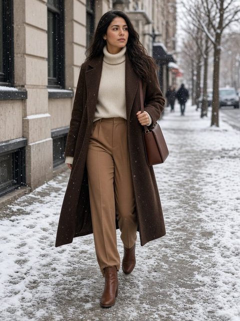Woman walking a snowy city sidewalk in a long chocolate brown coat, cream turtleneck, tan trousers, brown ankle boots, and a structured brown bag